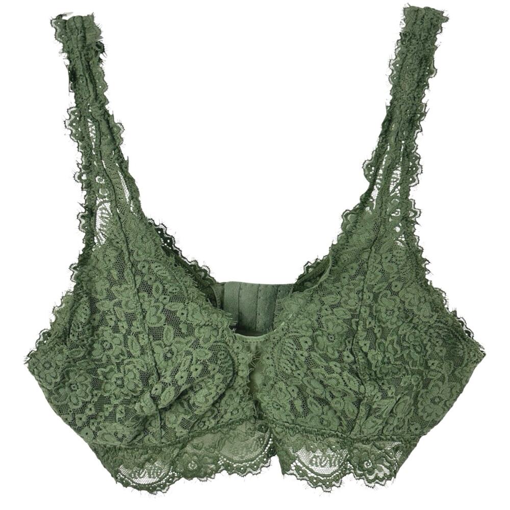 Aerie Olive Green Floral Lace Bralette Medium Scalloped Boho Unpadded